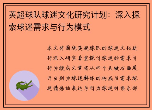 英超球队球迷文化研究计划：深入探索球迷需求与行为模式
